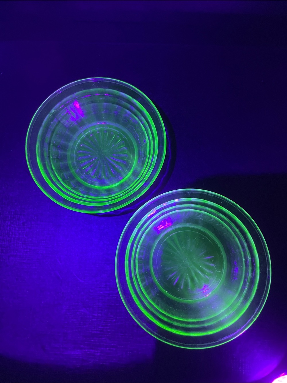 Vintage Anchor Hocking Uranium Glass Bowls Dessert Cups Block Optic Set of 2